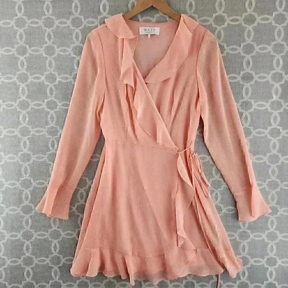 WAYF  Made In USA Wrap Ruffle Longs sleeve Fit & Flare Mini Dress L - Picture 1 of 10